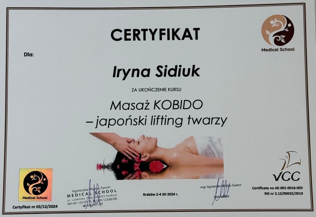 Certyfikat Medical School dla Iryny Sidiuk za ukończenie kursu „Masaż KOBIDO – japoński lifting twarzy”, Kraków, 2–4 grudnia 2024